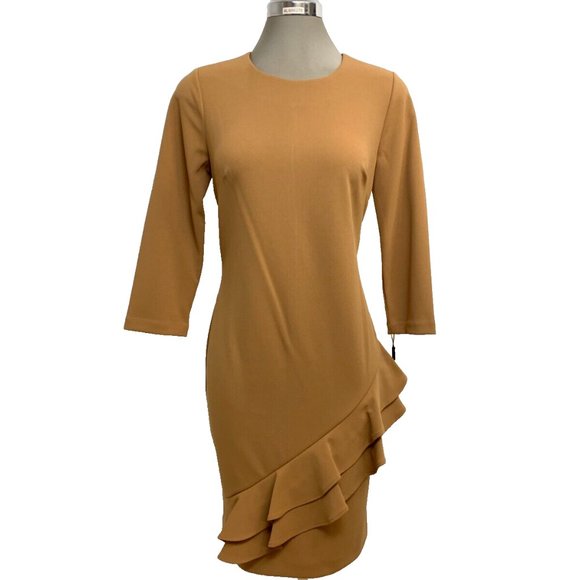 Calvin Klein Dresses & Skirts - NEW Calvin Klein Elegant LUGGAGE Double Ruffled Sheath Dress